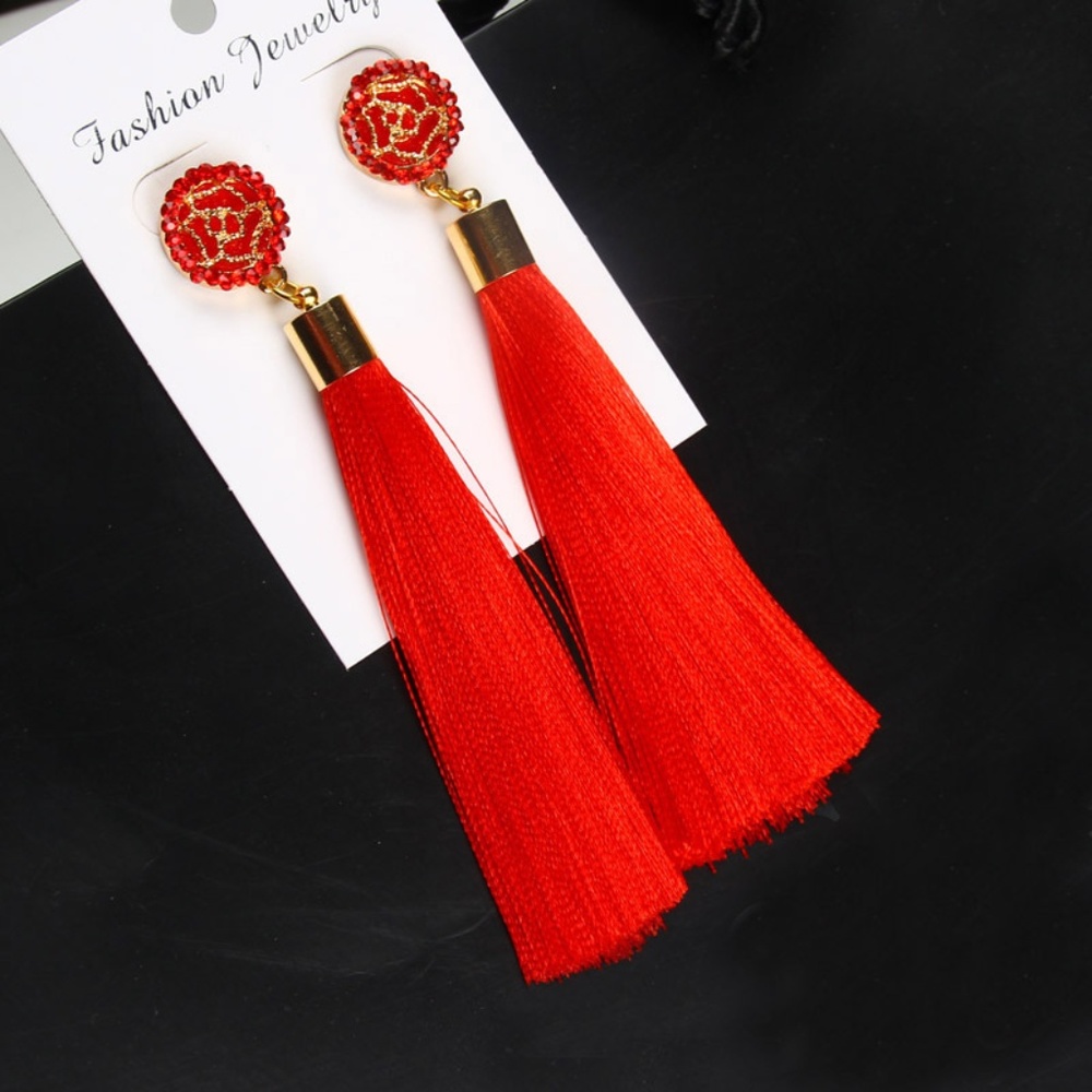 Rose Flower Long Tassel Earrings Red